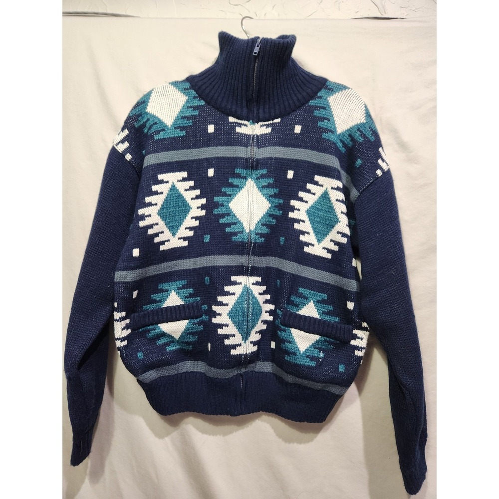 VTG Ash Creek Knit Zip Up Grandpacore Thermal Lined Geo Aztec Blue Green Sweater